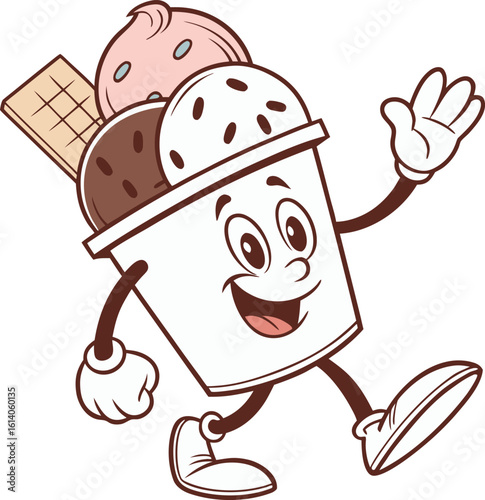 Happy cartoon ice cream cup character with two scoops of ice cream and a waffle cone piece walking and waving cheerfully