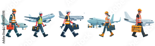 Airline maintenance crew members walking with toolboxes near airplanes.