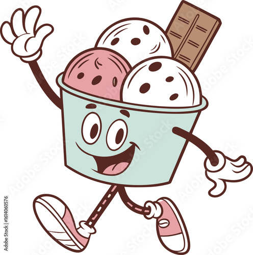 Happy cartoon ice cream cup character with three scoops of ice cream and a chocolate bar waving and running with a cheerful expression