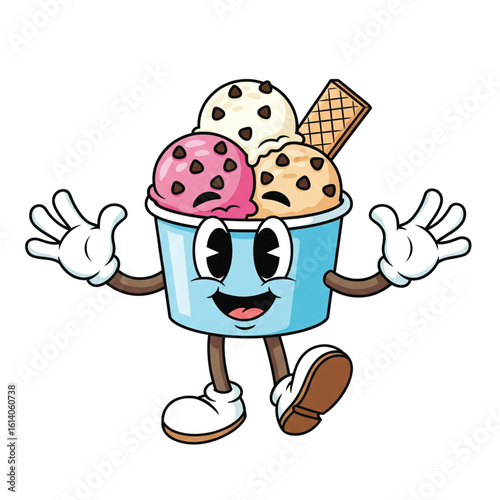 Joyful cartoon ice cream cup character with three scoops of ice cream and a wafer cookie spreading happiness and delight