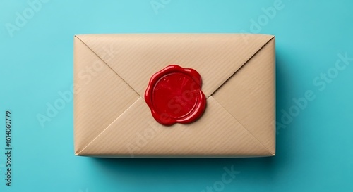 A Classic Kraft Paper Envelope Sealed With Red Wax Is Photographed From Above Against A Teal Blue Background For A Sophisticated And Elegant Presentation Of Correspondence And Important Documents