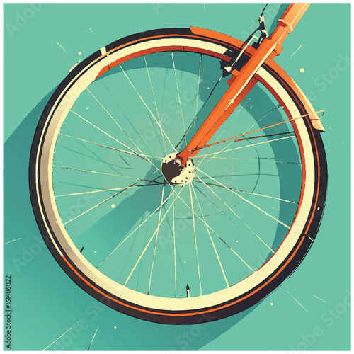 Vector graphic of a classic orange bicycle wheel. Minimalist illustration representing sustainable travel and an active lifestyle.