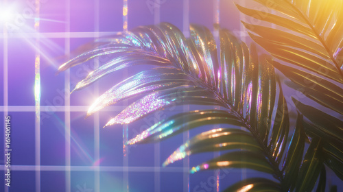 tropical and palm leaves in retro neon gradient with holographic shimmer