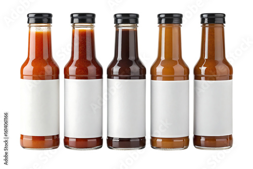 Five glass bottles filled with sauces and condiments feature blank white labels for custom branding and product promotion