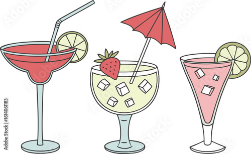 Three colorful hand drawn cocktails with garnishes including a strawberry lime slice and umbrella in a refreshing summer beverage collection