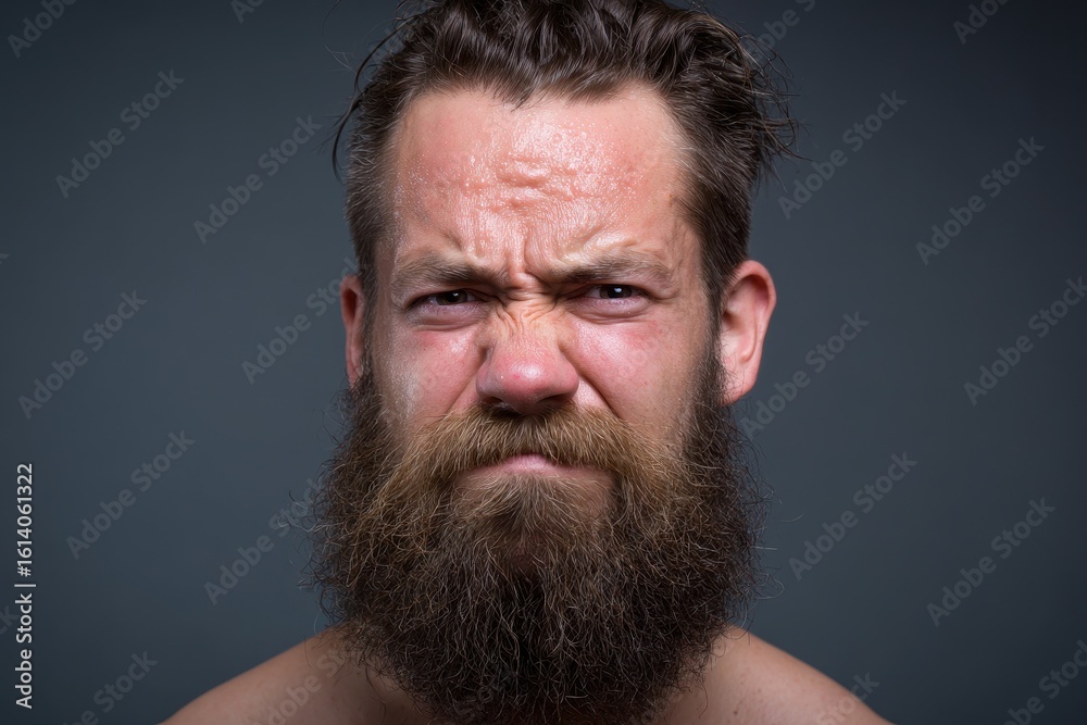 Obraz premium Displeased Man with Bad Beard Emphasizing Unpleasant Smell: A Gloomy Expression and Negative Vibes