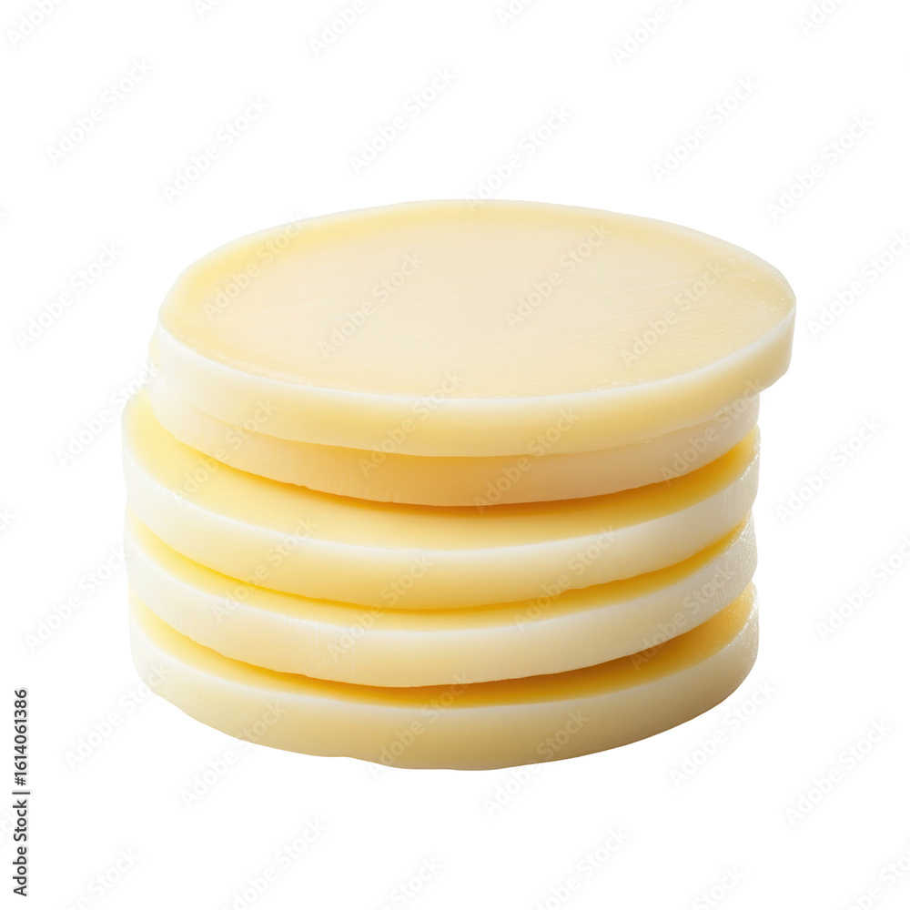 Stack of round creamy yellow cheese slices isolated on transparent background Stack of round creamy yellow cheese slices isolated on transparent background