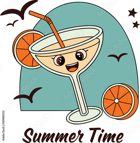 Adorable kawaii style cocktail with orange slices and straw enjoying a sunny summer day with flying birds and stars