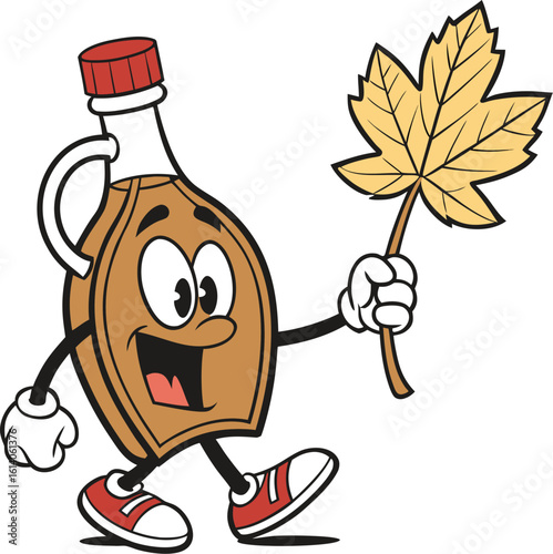 Happy cartoon bottle of maple syrup character walking with a fall maple leaf in its hand on a white background