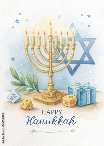 Hanukkah Greeting Card with Menorah and Dreidels