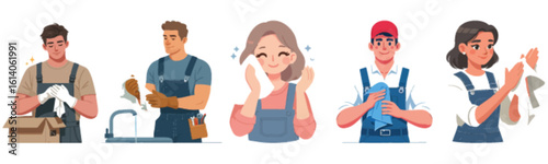 Diverse group of people in workwear, wiping hands.