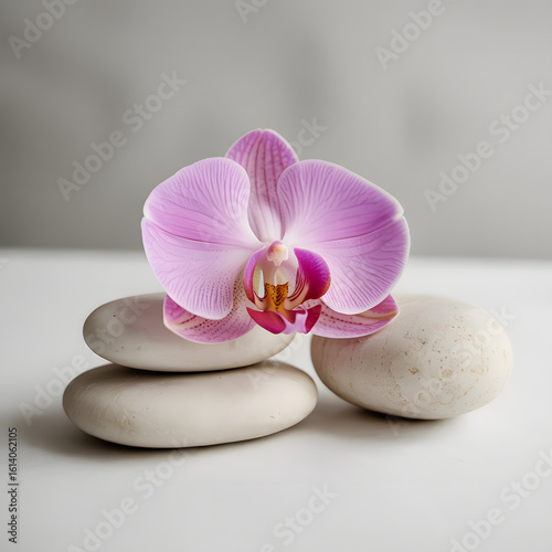 Orchid Blossom on Stacked Stones A Serene Spa Display of Zen Harmony and Tranquility Beauty in Simplicity