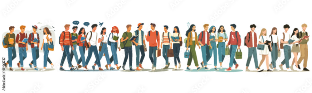 Obraz premium A large group of diverse students walking together, carrying books and bags.