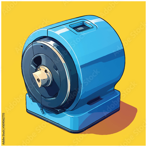 A vector illustration of a blue industrial electric motor. Isometric graphic of a powerful machine or generator equipment on a yellow background.