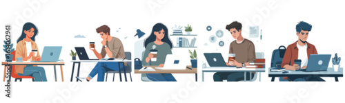 Five diverse individuals working on laptops, some holding coffee, in a modern office setting.