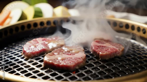 Juicy marbled beef steaks cooking on a traditional Japanese yakiniku grill with rising smoke