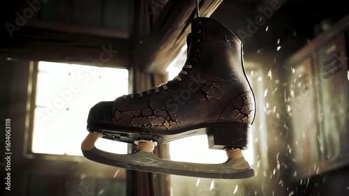 Vintage cracked leather ice skates hang in a dusty room with sunbeams and floating particles