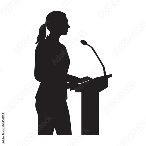 "Female Speaker Silhouette at Podium – Woman Giving Public Speech Illustration"

