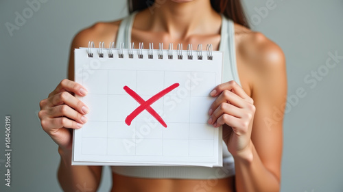 Person holding calendar with red cross symbolizing missed periods due to extreme weight loss issues