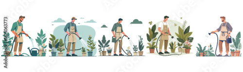 Four gardeners watering plants in a garden setting.