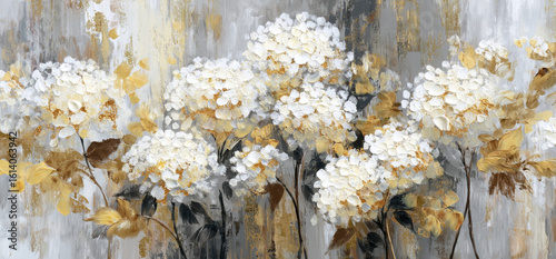 Abstract painting of white and gold hydrangeas with a textured background