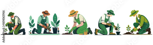 Five gardeners kneeling, tending to young plants in individual plots.  Each gardener wears a hat and overalls, showcasing diverse gardening activities.