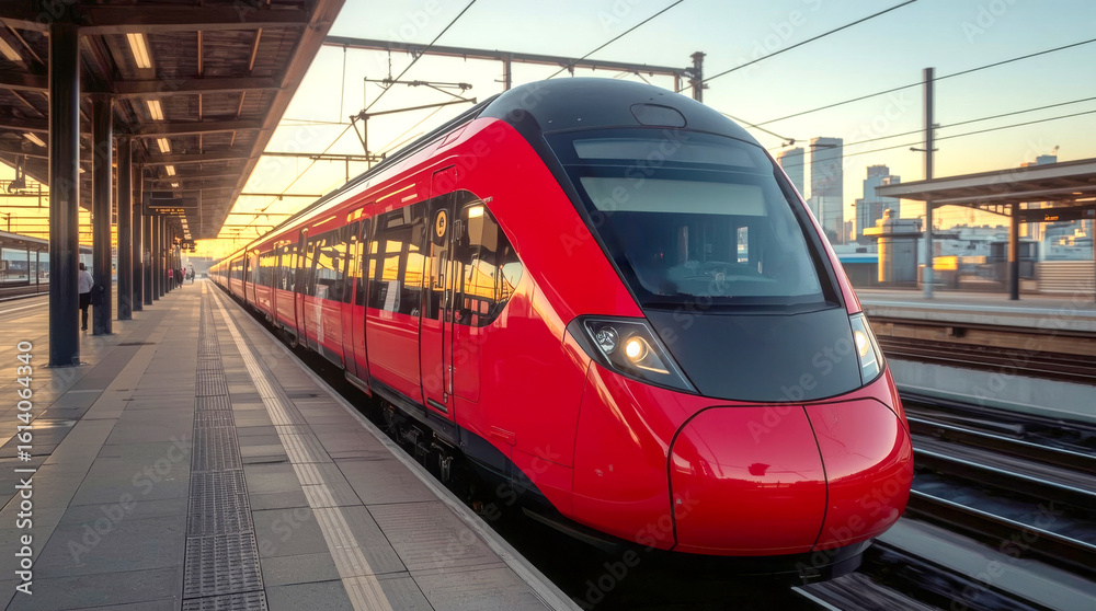 Naklejka premium Beautiful railway station with modern red commuter train at suns. modern red and black high-speed train at a platform, with motion blur on the tracks and surrounding environment to emphasize speed
