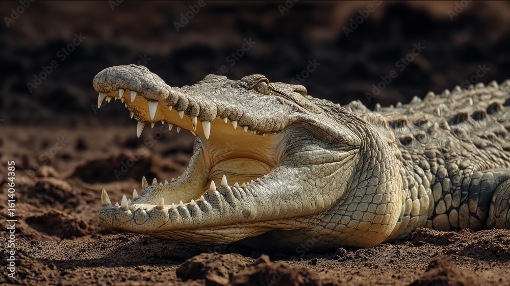 Fototapeta premium Large crocodile basks under the sun on a muddy terrain, showcasing powerful jaws and scales.