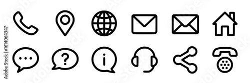 12 Essential Black Line Contact Icons: Modern UI Kit for Websites & Apps