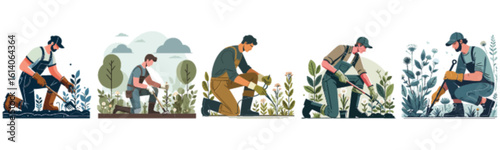 Four male gardeners tending to plants, showcasing various gardening tasks in a stylized illustration.