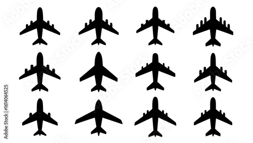Twelve Black Airplane Silhouettes: A Versatile Set of Air Travel Icons for Design Projects