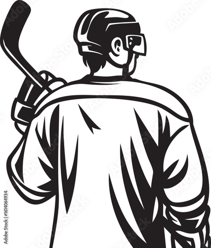 A hockey player in uniform, holding a stick, viewed from the back, ready to play.