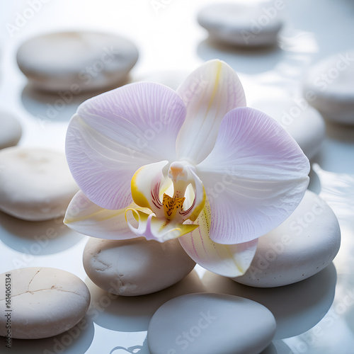 Elegant Orchid Blossom Resting Gently on Smooth White Stones A Serene Spa Still Life Composition