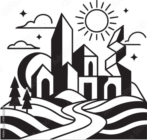 Monochromatic Village Landscape Vector Illustration with Sun and Stars 
