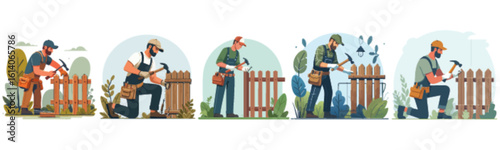 Five Craftsmen Building a Wooden Fence.
