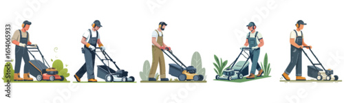 Five men mowing lawns, each using a different technique and style.  They are depicted in a simple, illustrative style against a white background.