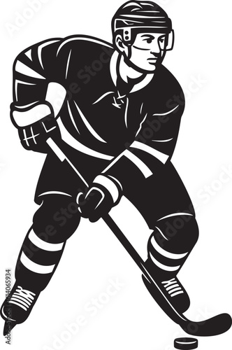 Ice hockey player in action, skating, stickhandling, puck control.