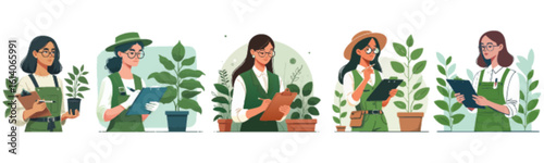 Five women, each observing plants, holding clipboards, and wearing aprons.