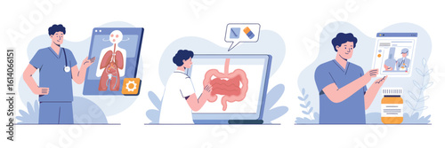 Digital Healthcare Diagnosis: A medical professional, immersed in a digital workspace, utilizes technology for patient care, displaying anatomical visualizations on screens, analyzing data.