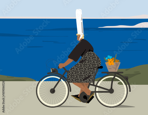 A Breton woman, dressed in traditional clothing from the Brittany region of northwestern France, is riding a bicycle through a charming rural landscape.