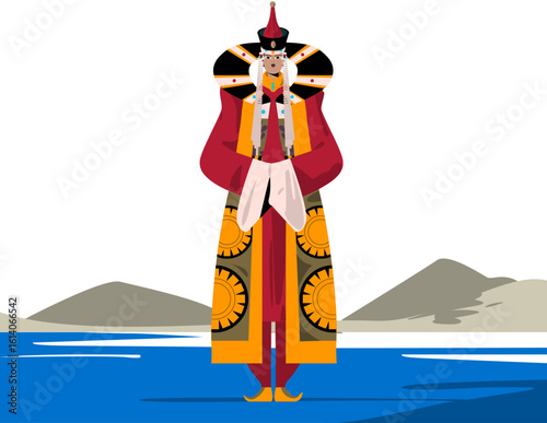 A Mongolian noblewoman in a long robe and an elegant headdress with pearl decorations.