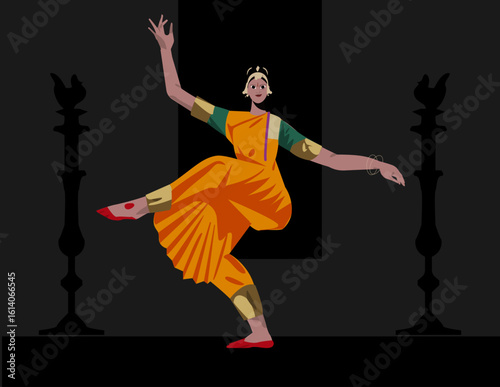 A graceful Indian woman performs Bharatanatyam, one of the oldest and most revered classical dance forms of South India. She wears a vibrant traditional costume.