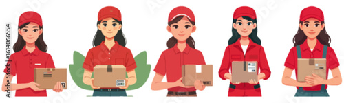 Five women in red uniforms holding cardboard boxes, representing delivery services.