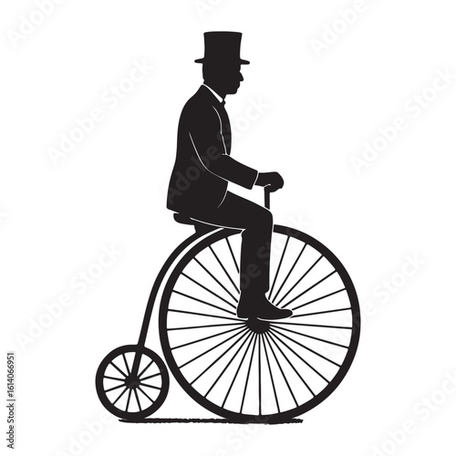 Vintage Gentleman Riding Penny Farthing Bicycle Silhouette Vector

