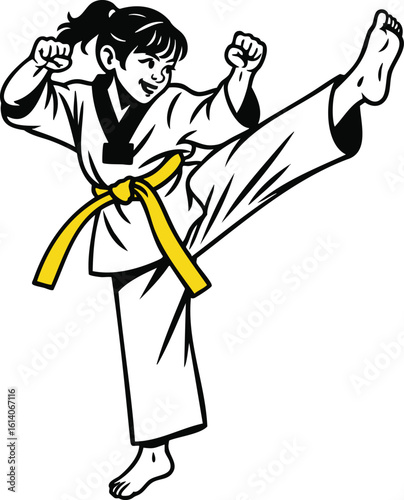 Young girl in karate uniform executing a powerful high kick.