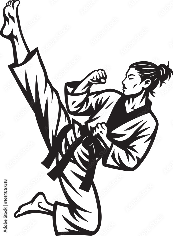 Fototapeta premium A female martial artist performing a high kick in a dynamic karate pose.
