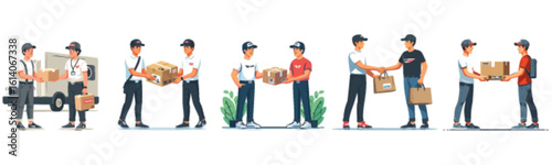 Delivery men interacting, loading, unloading and handing over packages to customers in multiple scenes.