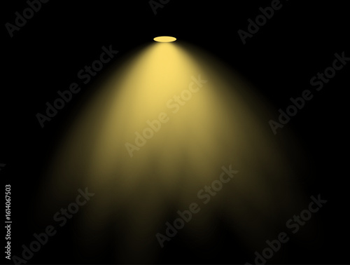 Yellow stage spotlight beam on black background, realistic vector lighting effect, isolated glow for concert, performance, or presentation design, ideal for show posters or dramatic layouts