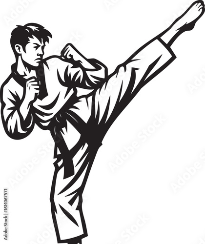 A monochrome illustration of a young martial artist executing a powerful high kick, demonstrating skill.