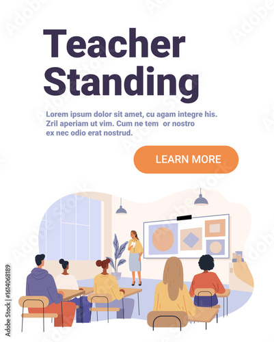 Teacher standing classroom students learning modern school interior desks whiteboard educational concept flat design